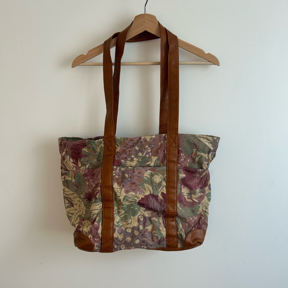 Floral Canvas Tote Bag with Brown Leather Trim